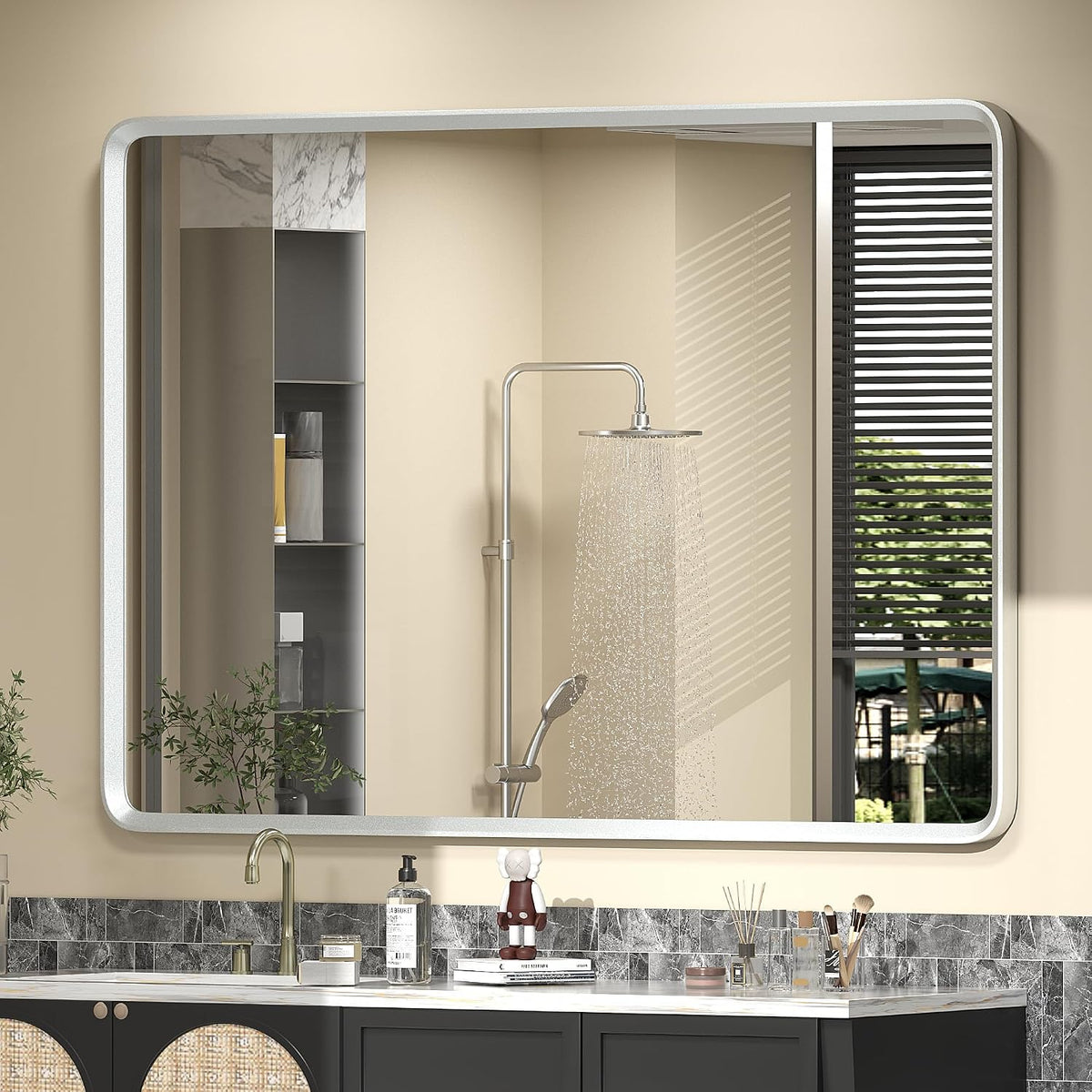 44x36 Inch Silver Framed Mirror, Brushed Nickel, Rounded Rectangle Mirror