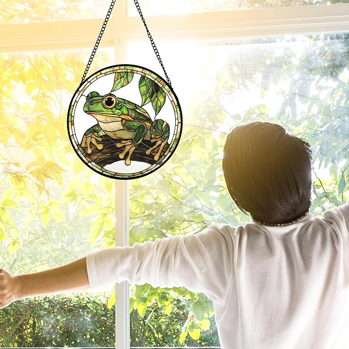 DASTOLL Stained Glass Window Hanging, Frog Green Leaf Sun Catchers Colorful - Image 2