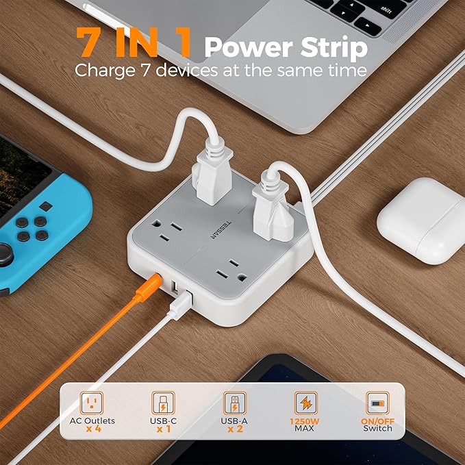 TESSAN Surge Protector Flat Extension Cord 5Ft, Flat Plug Power Strip - Image 4