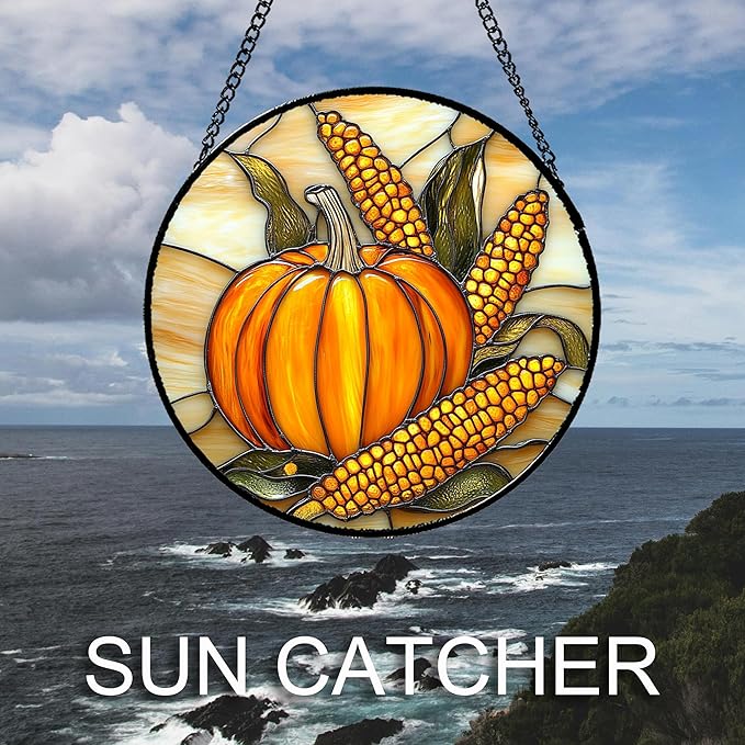 DASTOLL Stained Glass Window Hanging Autumn Harvest Pumpkin Corn 7.8" - Image 2
