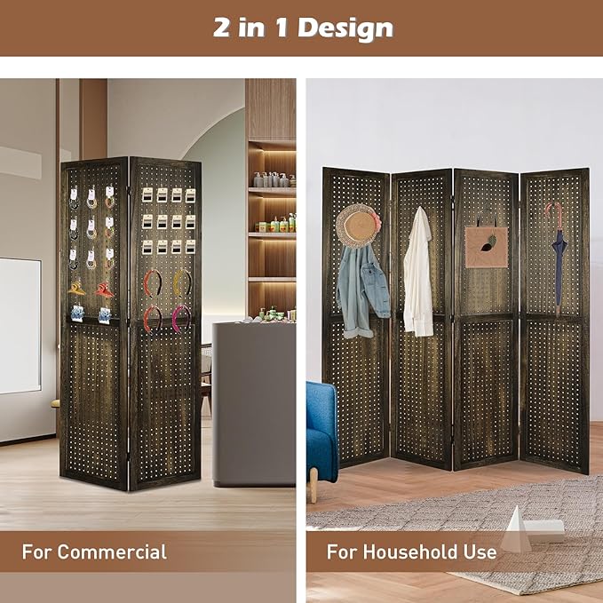 ECOMEX 4 Panel Room Divider, 5.6Ft Pegboard Display Wooden Room Divider Folding - Image 2