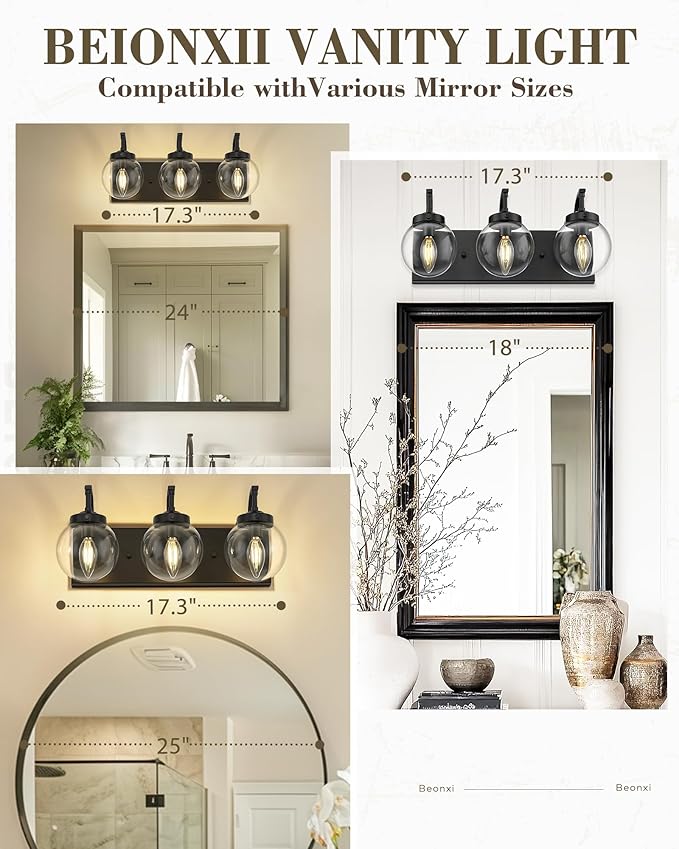 Beionxii Black Bathroom Vanity Light, 3-Light Bathroom Light Fixtures - Image 8