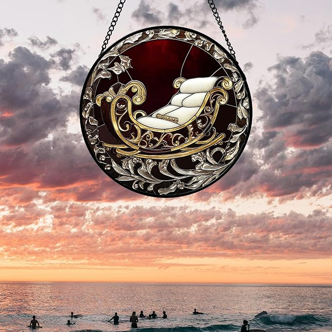 AMDERVEN Stained Glass Window Hanging 4 Pcs Set Christmas Golden Bell Sleigh - Image 5