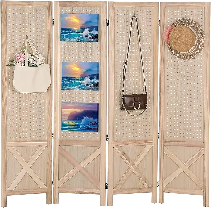 Wnutrees 4 Panel Pegboard Display, 5 Ft Wood Folding Privacy Screens Room by Wnutrees