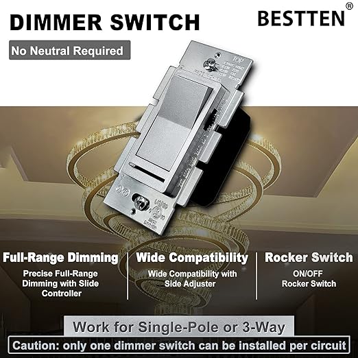BESTTEN Matte Silver Dimmer Light Switch, Single Pole or 3-Way, Compatible - Image 2
