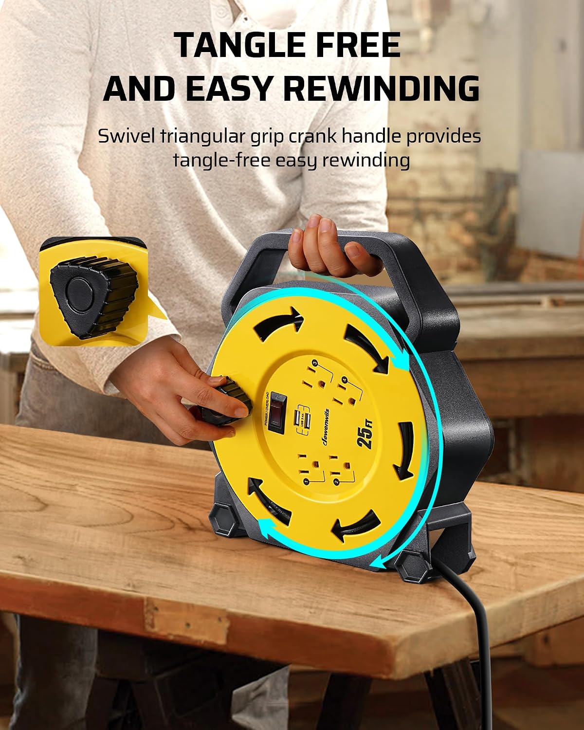 DEWENWILS 25FT Extension Cord Reel, Hand Wind Retractable Cord Reel | 16/3 SJTW, 4 Grounded Outlets, 2-USB Ports (3.4A Fast Charge), 13A Circuit Breaker, for Garage, Workshop, Outdoor, UL Listed