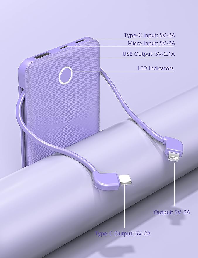 6000mah Ultra Slim Built in Cables Power Bank, Card Size Built in USB C Cords - Image 8