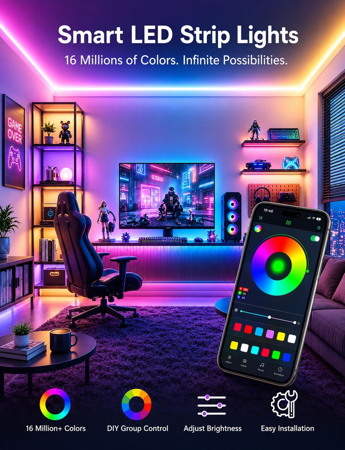 MFWW 100ft RGB+IC LED Strip Lights, LED Lights for Bedroom, Smart Control