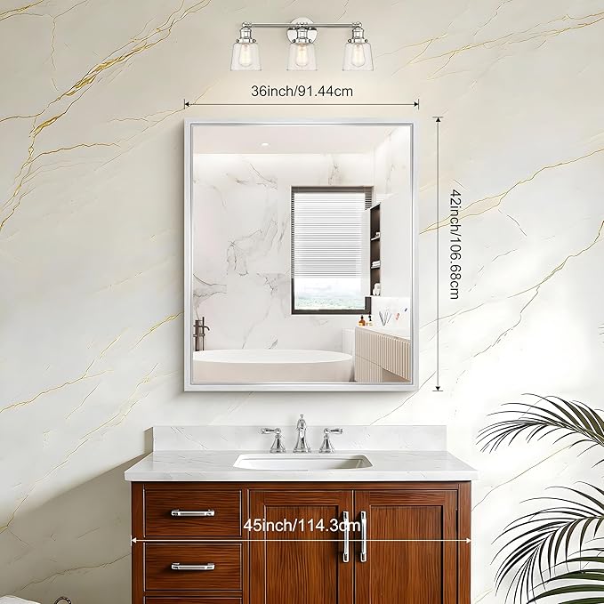 Silver Bathroom Mirror, 42 x 36 Inch Brushed Silver Rectangle Mirror - Image 2