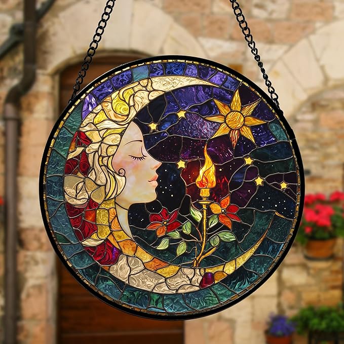 DASTOLL Stained Glass Window Hanging, Moon Goddess Torch Suncatcher Diamond - Image 4