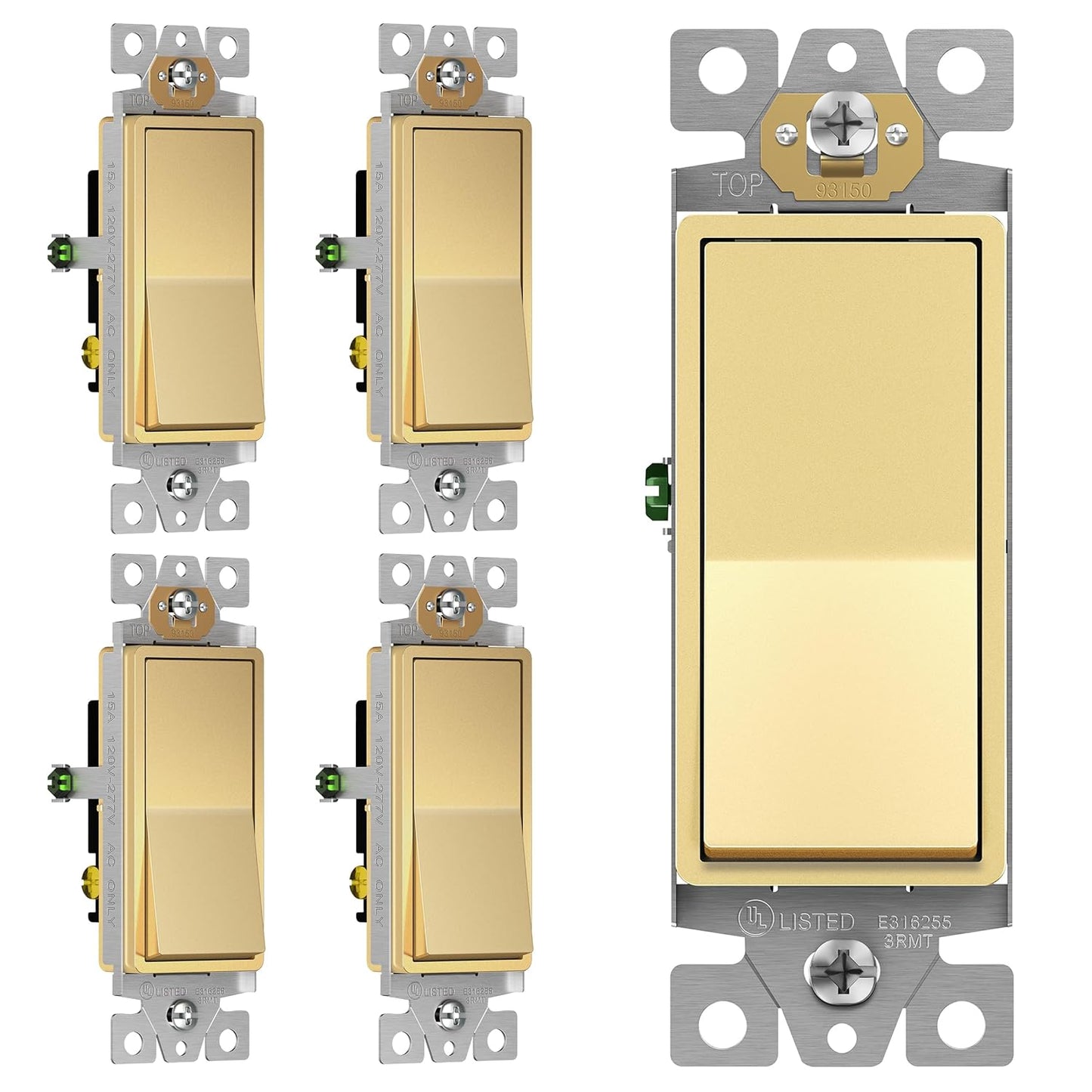 ENERLITES Gold 3-Way Decorator Paddle Rocker Light Switch, 15A, 5 Pack | Three Way or Single Pole Decorative Switch, 120V/277V, 3 Wire, Grounding Screw, Residential Grade, Gloss Finish, UL Listed