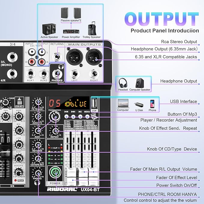 4 Channel Audio Interfacer DJ Mixer Sound Board 16-Bit DSP Effect USB Audio - Image 3