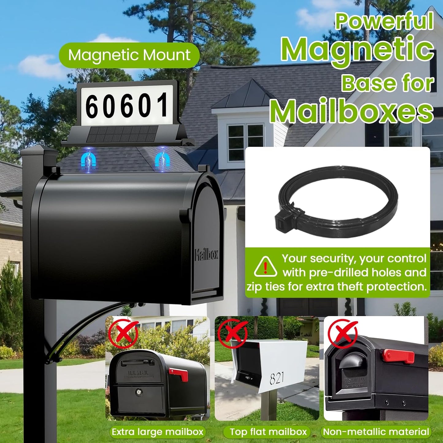 Solar Address Sign for Mailbox– Double-Sided Illuminated Mailbox Numbers | Magnetic Mount, No-Drill, 3-Color Light Modes, IP65 Waterproof Solar-Powered Plaque, Outdoor House Mailbox Topper