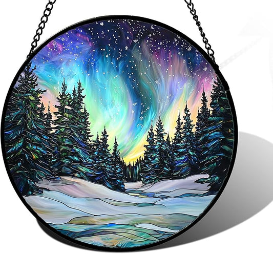 DASTOLL Stained Glass Window Hanging, Aurora Landscape Sun Catchers Glass Panel by DASTOLL