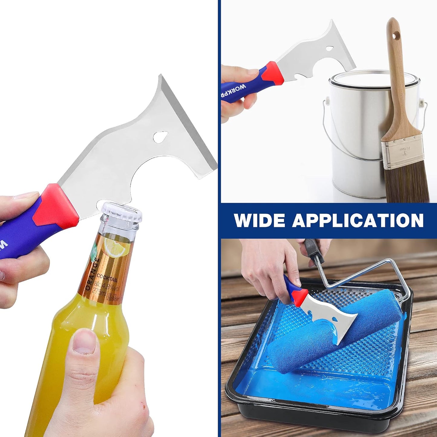 WORKPRO Paint Scraper, 8 in 1 Paint Remover, Metal Putty Knife with Hammer End and Can Opener, Stainless Steel Scraper Tool for Removing Caulk, Painting, Wood and Wallpaper | Stainless Steel Blade, PP Rubber Handle, Removing Caulk, Painting, Wood