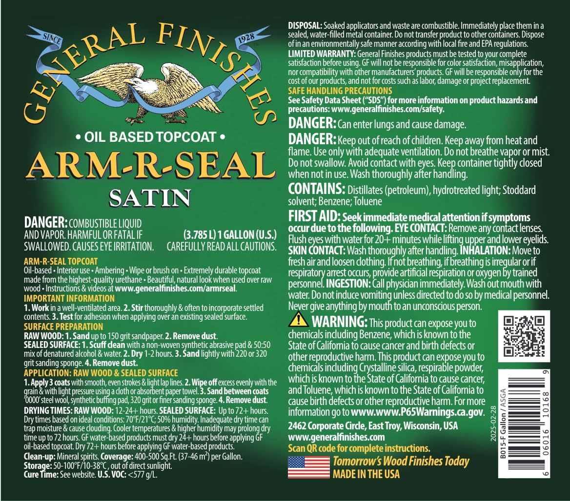 General Finishes Arm-R-Seal Oil Based Topcoat, 1 Gallon, Satin