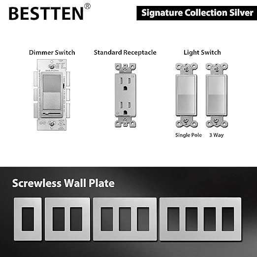 BESTTEN 5 Pack Matte Silver Dimmer Light Switch, Single Pole or 3-Way, - Image 4