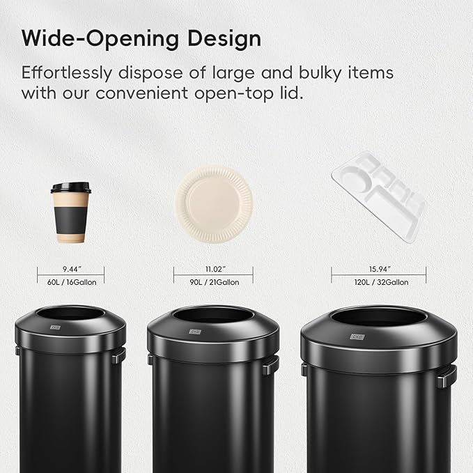 EKO Urban 24 Gallon Round Black Stainless Steel Open Top Waste Bin, Tall - Image 6