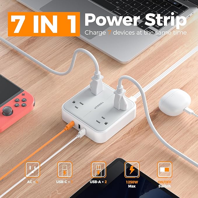 Surge Protector Power Strip, TESSAN Ring Pull Flat Plug Extension Cord 10 Ft - Image 3