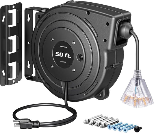 DEWENWILS 50FT Retractable Extension Cord Reel, UL Listed, Black | 14AWG/3C SJTOW, 13A Circuit Breaker, 3-Lighted Triple Outlets, Heavy Duty Power Cord for Garage, Workshop