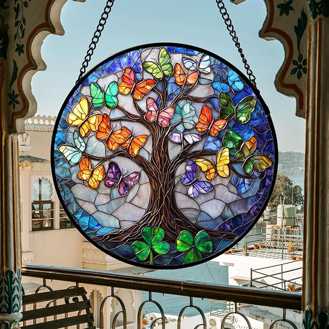 DASTOLL Stained Glass Window Hanging, Butterfly Tree Clover Sun Catchers Glass - Image 3