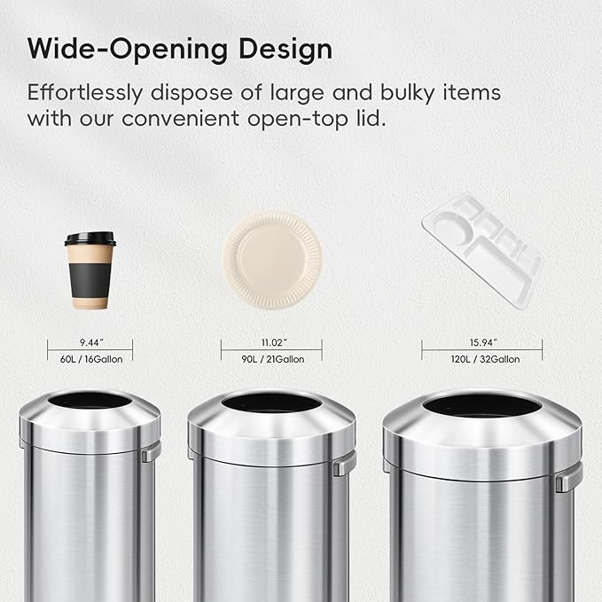 EKO 32-Gallon Round Stainless Steel Open Top Trash Can, Large Commercial Waste - Image 6