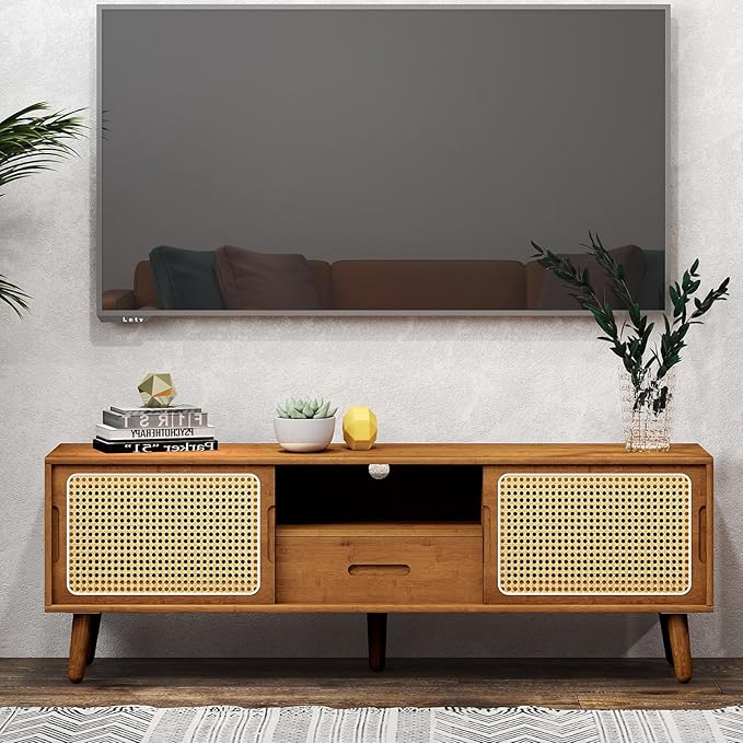 HollyHOME Bamboo TV Stand with Storage - Image 9