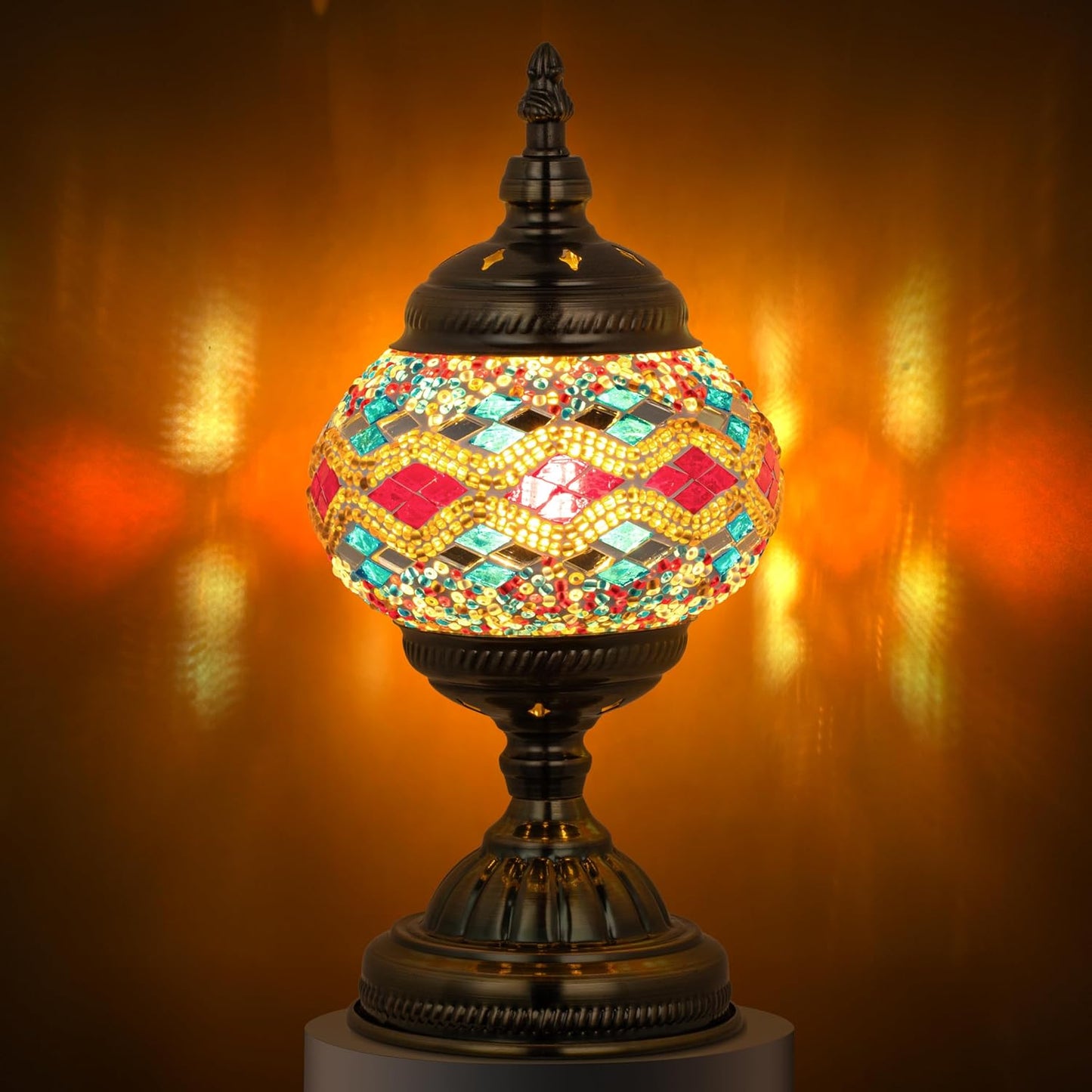 Marrakech Turkish Mosaic Lamp Stained Glass Table Lamp with Tiffany Style | Handmade Moroccan Table Lamp with Bronze Base, Decorative Accent Vintage Lamp for Living Room Bedroom Including LED Bulb