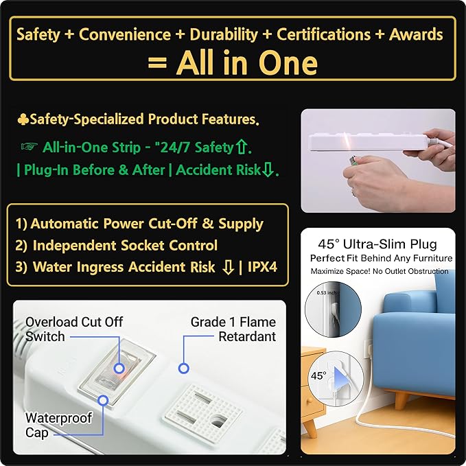 S.O.V Splashproof IPX4 Power Strip, Patented Zero-Current Auto Shut Off - Image 8