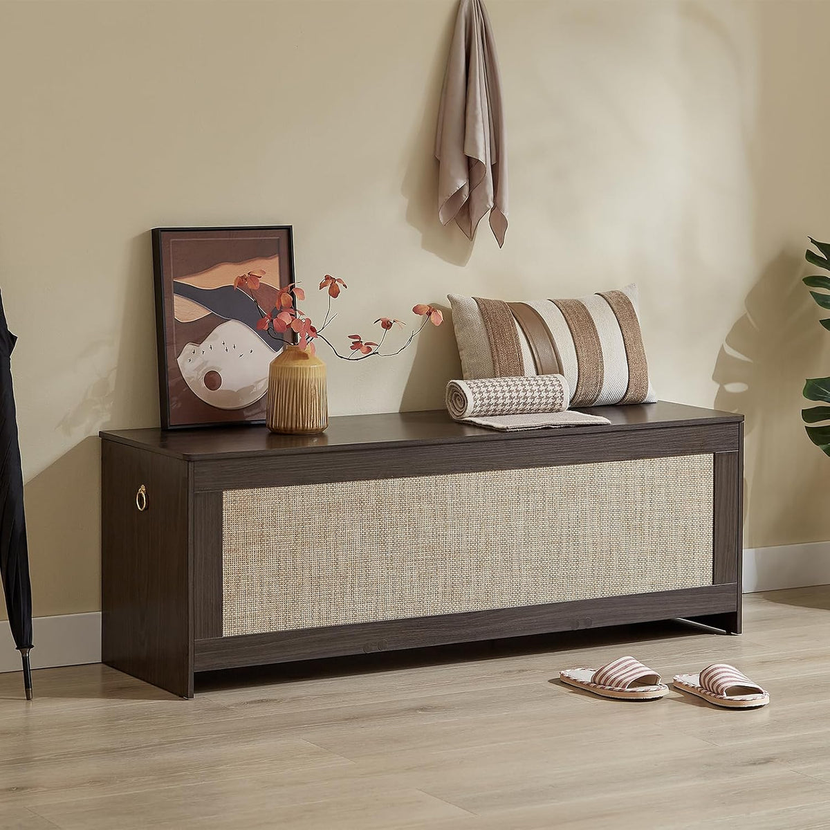 51.2"storage chest large,wooden rattan storage bench,obsidian black, main product view
