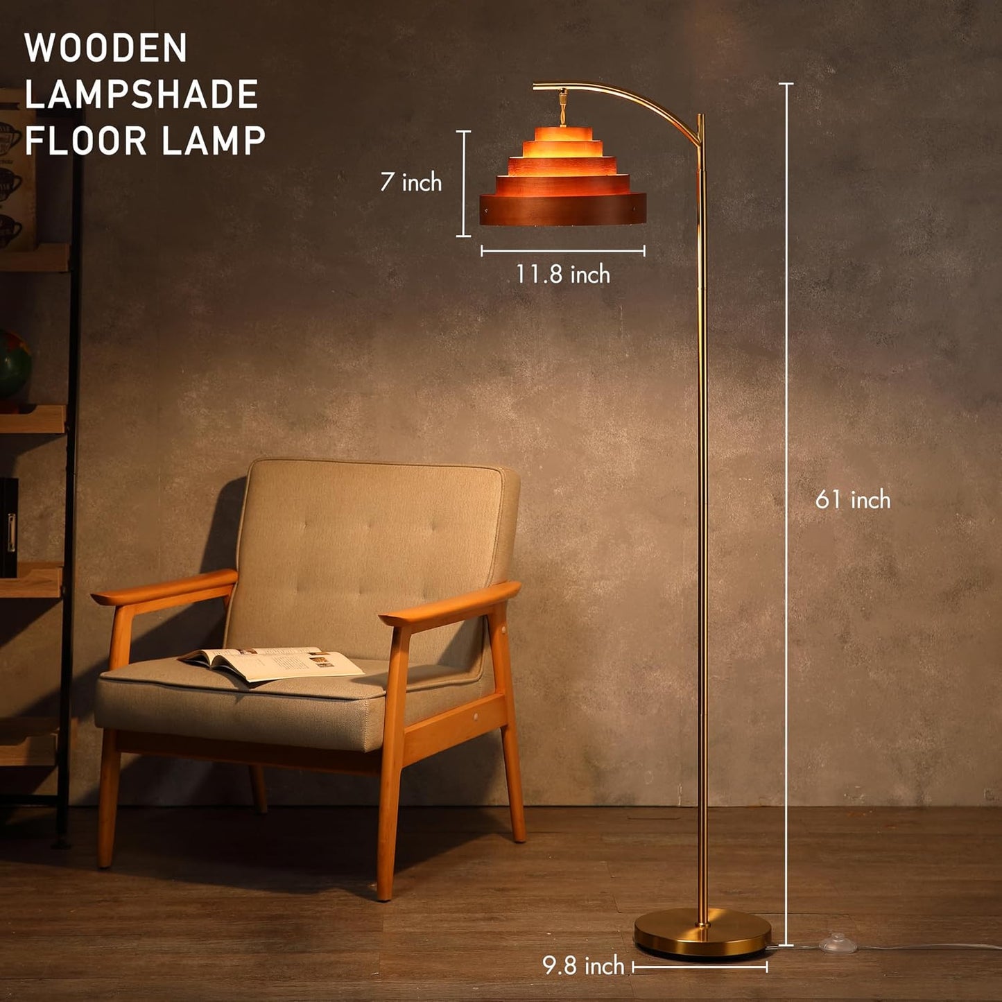 O’Bright Strata Wooden Floor Lamp - Mid Century Modern Standing Lamp with Layered Wood Shade, Tall Reading Lamp for Living Room, Bedroom, Office, Antique Brass, Dark Oak, Cascade Shade
