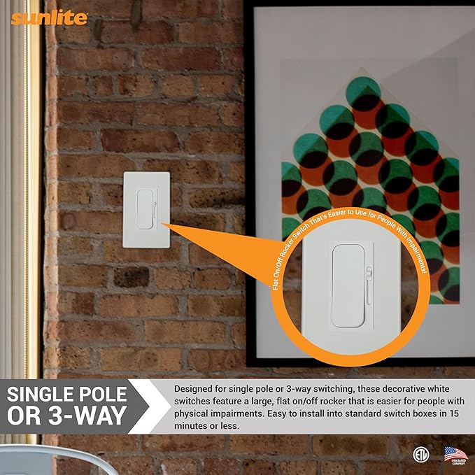 Sunlite LED Wall Rocker Style, Slide Bar Triac Dimmer Switch, Screwless Wall - Image 5