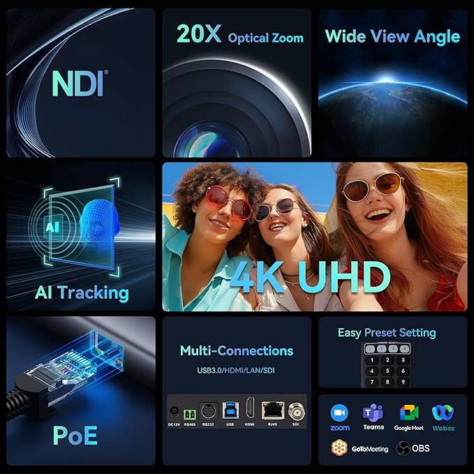 TONGVEO 4K NDI PTZ Camera AI Auto-Tracking 20X Optical Zoom HDMI IP Live - Image 2