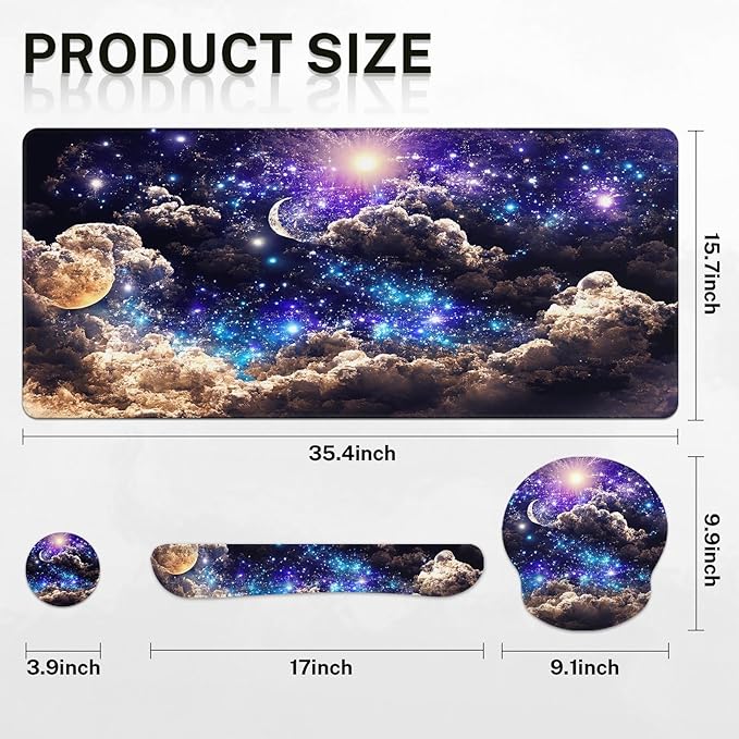 Britimes Moon Space Night Keyboard Mouse Pad Set Blue Cute Cloud 4in1 Large - Image 2