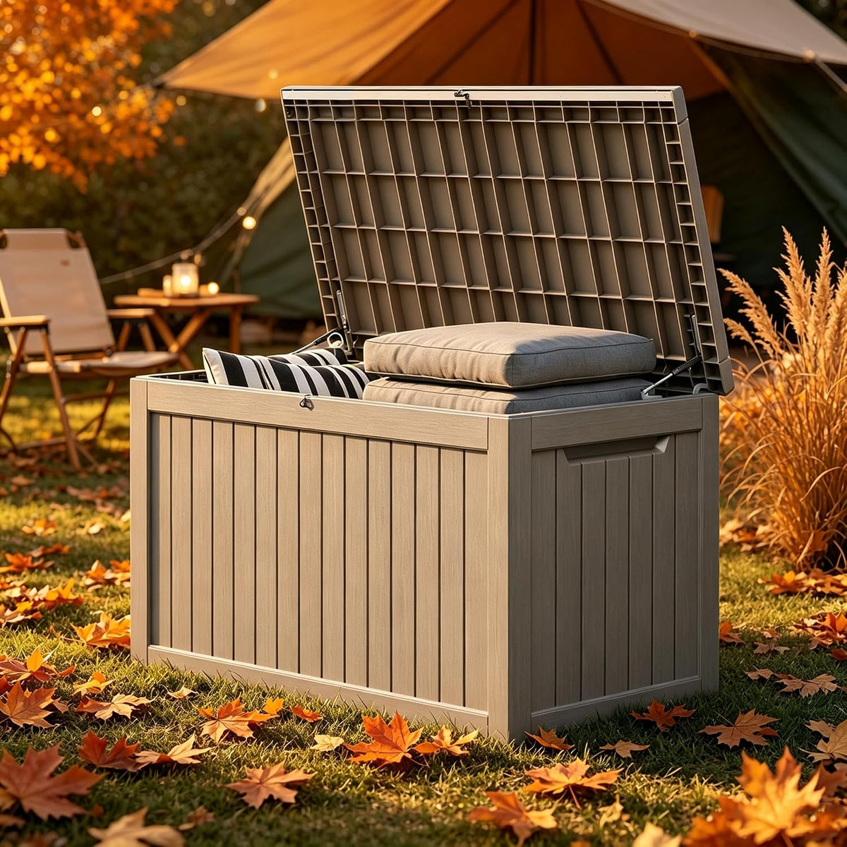 fancyango 300 gallon large outdoor storage deck box shown in use