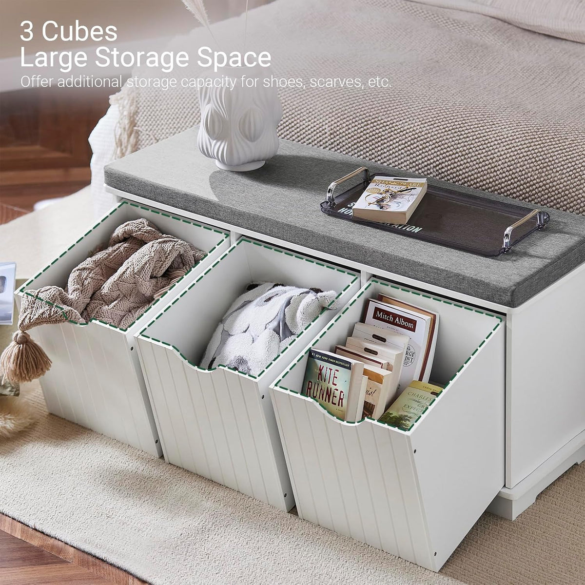 haotian white storage bench with drawers & seat showing dimensions