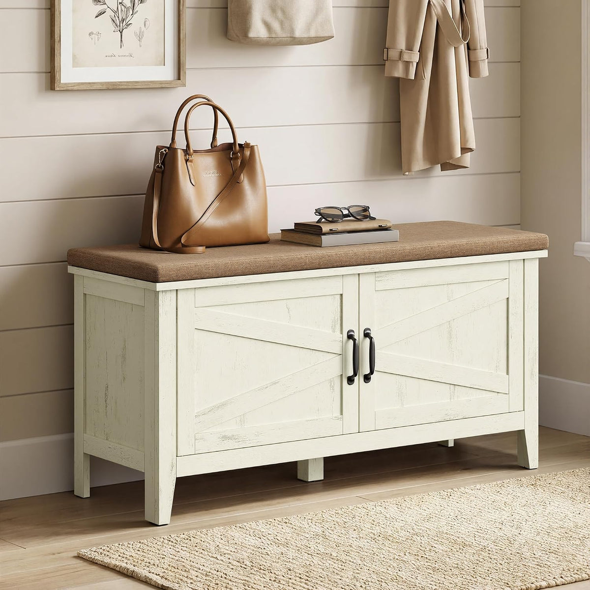vasagle shoe bench, farmhouse entryway bench with cushion，39.4, main product view