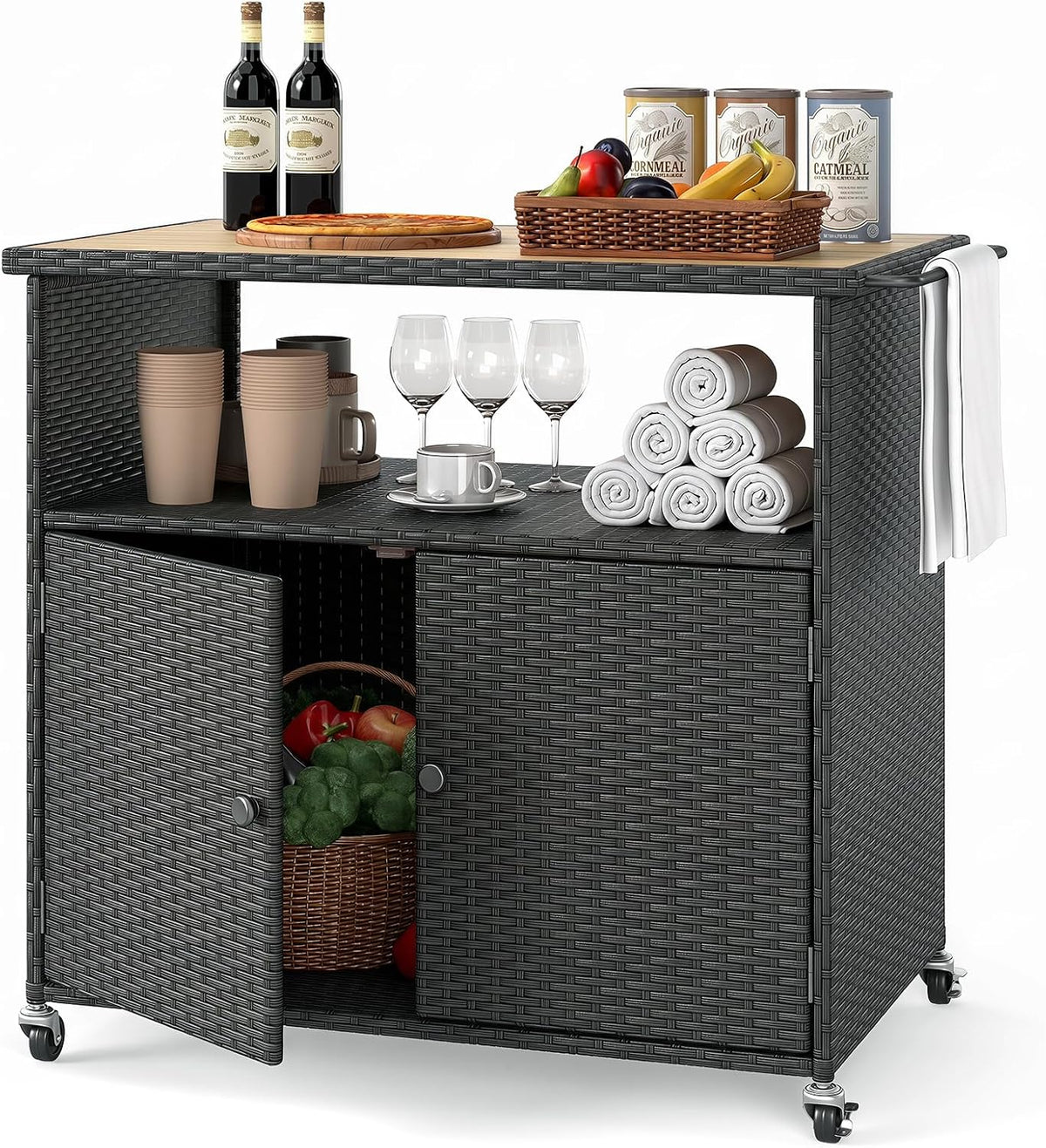 happygrill outdoor storage cabinet with wheels, pe rattan shown in use