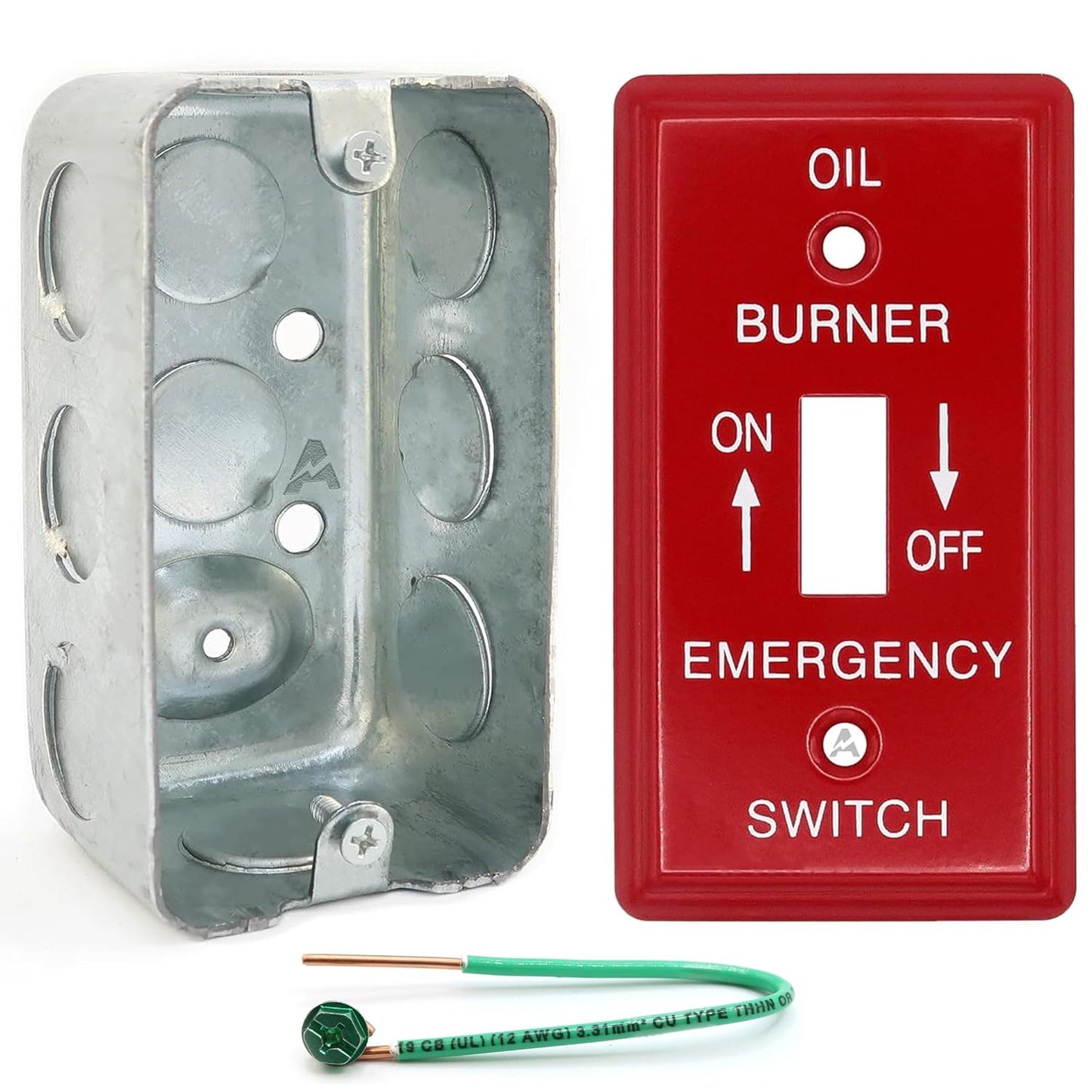 (Pack of Box and Cover) 4x2 Inch Utility Electrical Box, Outlet Box, Emergency Oil Shut-Off Toggle Switch Cover, Drawn Construction, Ten ½’’ Knockouts, Raised Ground, 1-7/8” Deep, 13 Cu. in. Capacity