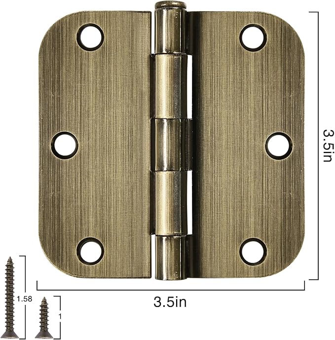 6 Pack Antique Brass Door Hinges 3.5 Inch Black Interior 3 1/2" Rounded 5/8" - Image 3