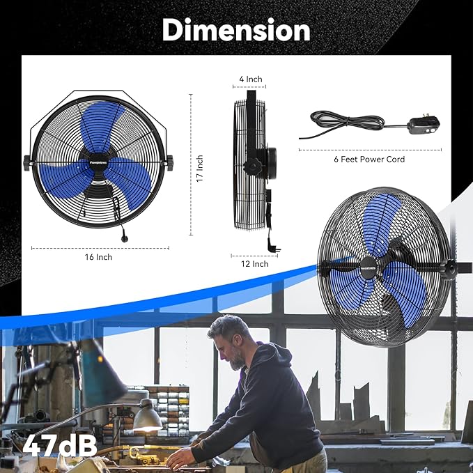 2600 CFM 14 inch Outdoor High Velocity Wall Mounted Fan, 3-Speed Metal Fans - Image 3