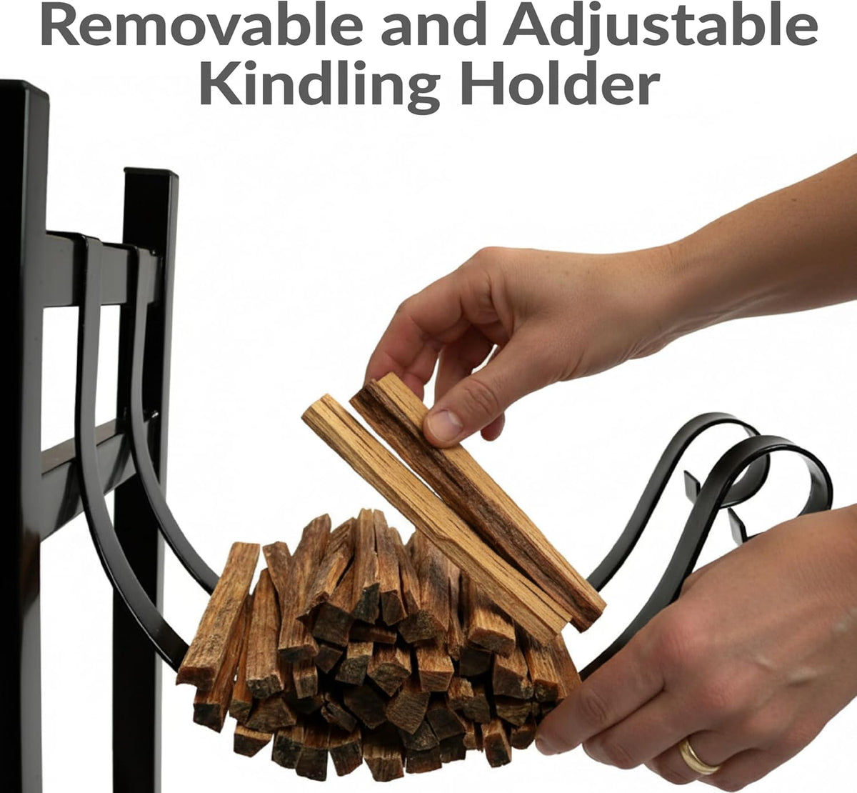 sunnydaze 33" indoor firewood rack with kindling log, side view