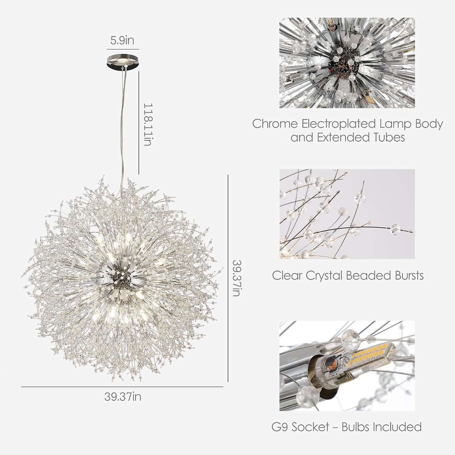 Modern Sputnik Chandelier, 24 Lights Large Firework Crystal Chandelier, Chrome Dandelion High Ceiling Light Fixture for Foyer Hallway Entryway Living Room