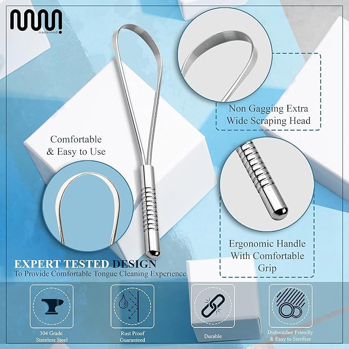 MasterMedi Tongue Scraper for Adults, 100% Stainless Steel Tongue Scrubber for - Image 3