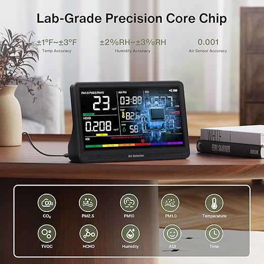 bonoch 16 in 1 Air Quality Monitor Indoor 7" Display 9 AQI+7 AQI Alerts - Image 2