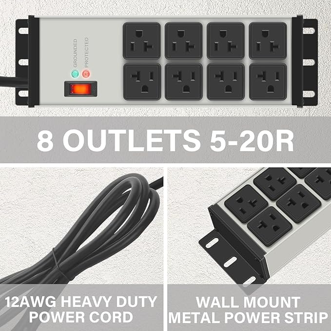 CCCEI Heavy Duty Power Strip Surge Protector 20 AMP, 8 Outlets 12 Gauge - Image 3