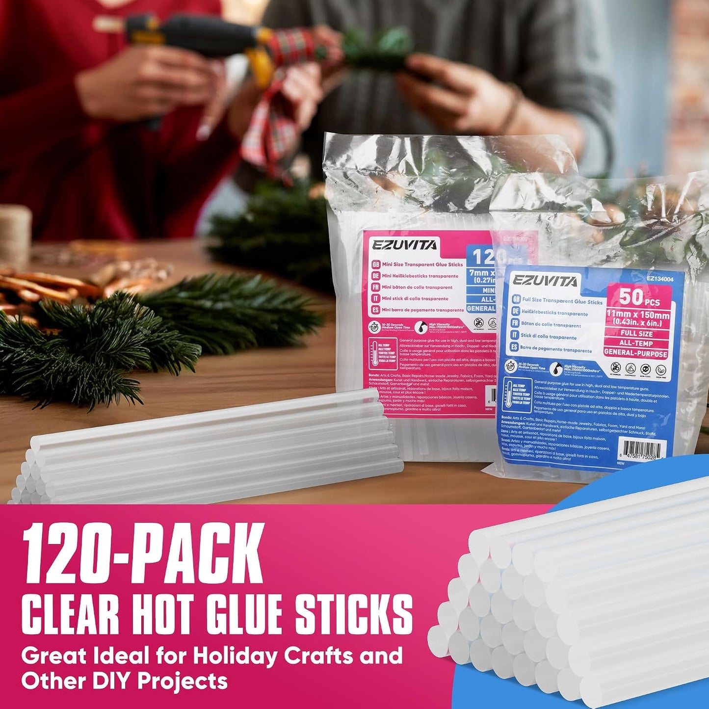 EZUVITA 120-Pack Mini Size Hot Glue Sticks, 0.27” Dia x 8” Long | Clear, for All-Temp Mini Glue Guns, for DIY Art Craft General Repairs, Festival Decorations