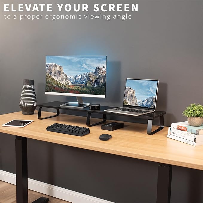 VIVO 39 inch Extra Long Monitor Stand, Wood & Steel Desktop Riser, Dual Screen - Image 6