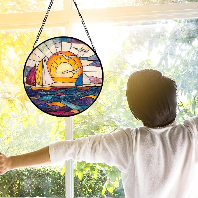 DASTOLL Stained Glass Window Hanging, Sailboat and Waves Suncatcher Diamond - Image 3