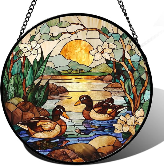 AMDERVEN Stained Glass Window Hanging, Ducks in The Pond Sun Catcher by amderven